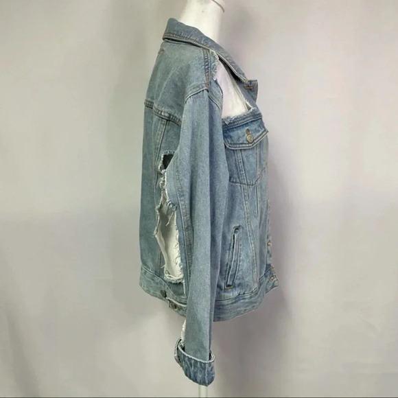 Pull & Bear Mesh Distressed Light Wash Denim Jean Jacket S - Picture 8 of 11